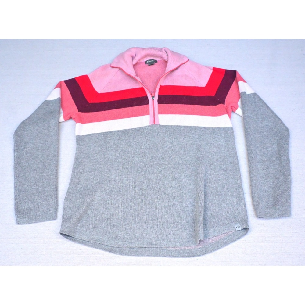 Eddie Bauer Womens M Retro Ski Half Zip Sweater Grey Pink Chevron Stripe Yoke